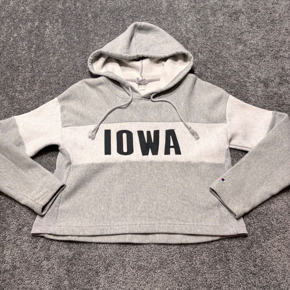 Iowa Hawkeyes Hoodie Womens Medium Gray‎ Cropped Champion Reverse Weave Caitlin